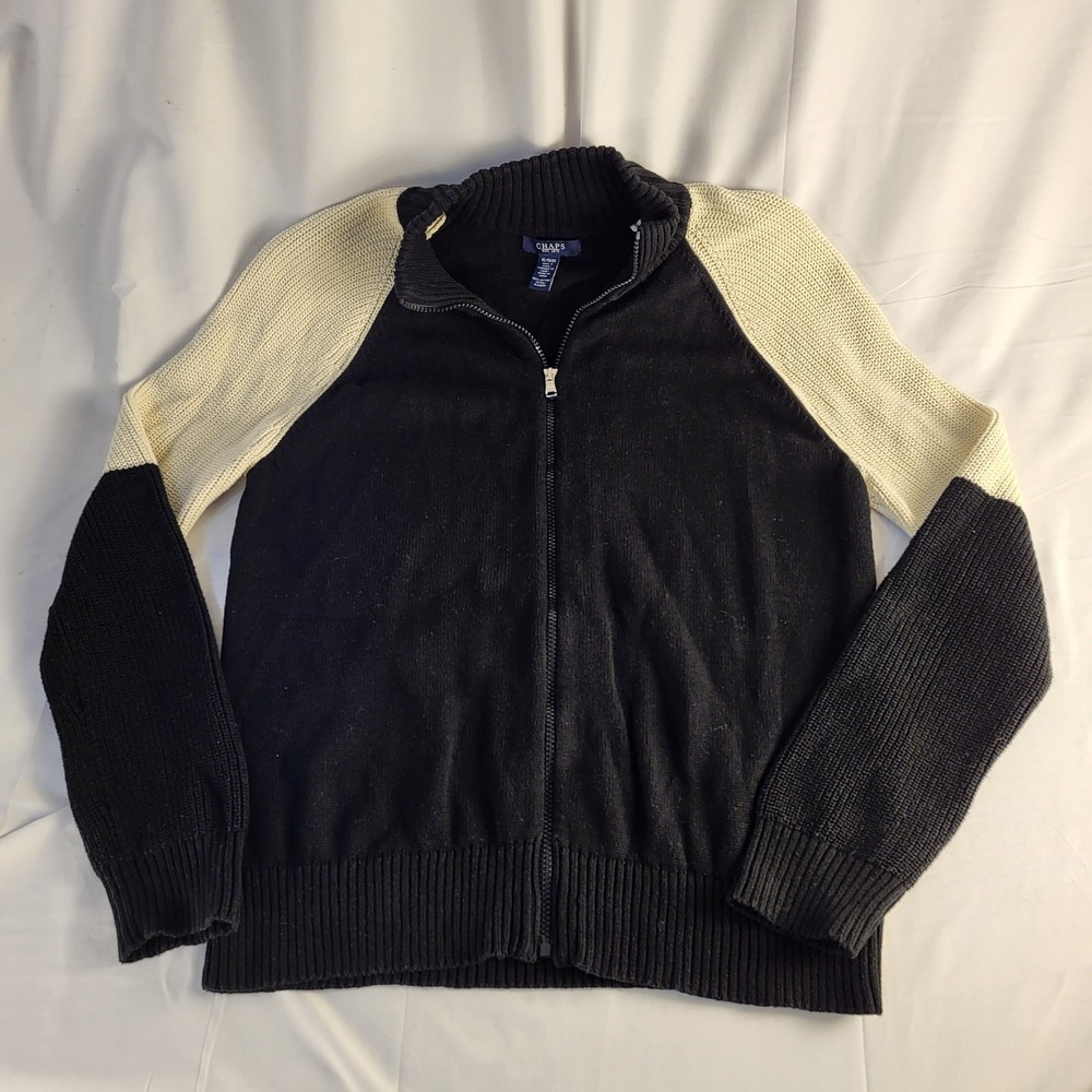 Chaps Ralph Lauren Womens XL Full Zip Sweater Black Body White Sleeves